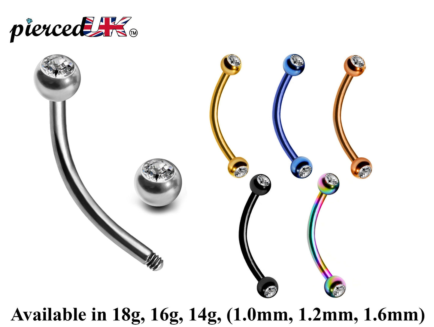 Curved Barbell, Daith Piercing – 18g, 16g, 14g  Eyebrow Piercing Jewelry in many Colors with Clear Crystal Top Gem Ball