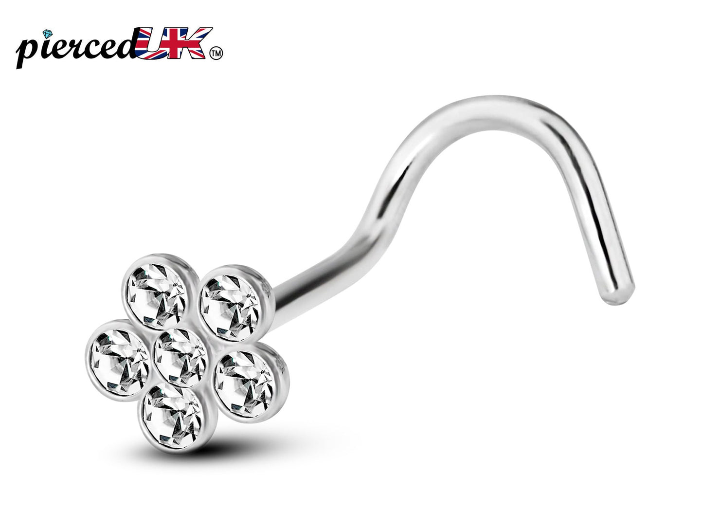 Nostril Screw, Nostril Ring - Curved Nose Jewelry with Clear CZ Flower Crystals - Nose Piercing Size 20g (0.8mm) - Flower Nose Ring