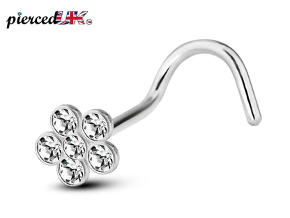 Nostril Screw, Nostril Ring - Curved Nose Jewelry with Clear CZ Flower Crystals - Nose Piercing Size 20g (0.8mm) - Flower Nose Ring