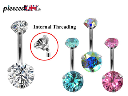 Belly Bar, Belly Button Rings - Internally Threaded top Gem Belly Button Piercing - 14g (1.6mm) 10mm - Prong Set AAA+ CZ Crystals
