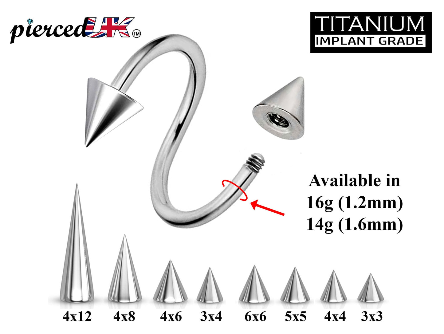 Spike  Cone Titanium Spiral Barbell, Eyebrow Piercing, Nipple Piercing – Conch Earrings Body Jewellery – Twisted Barbell