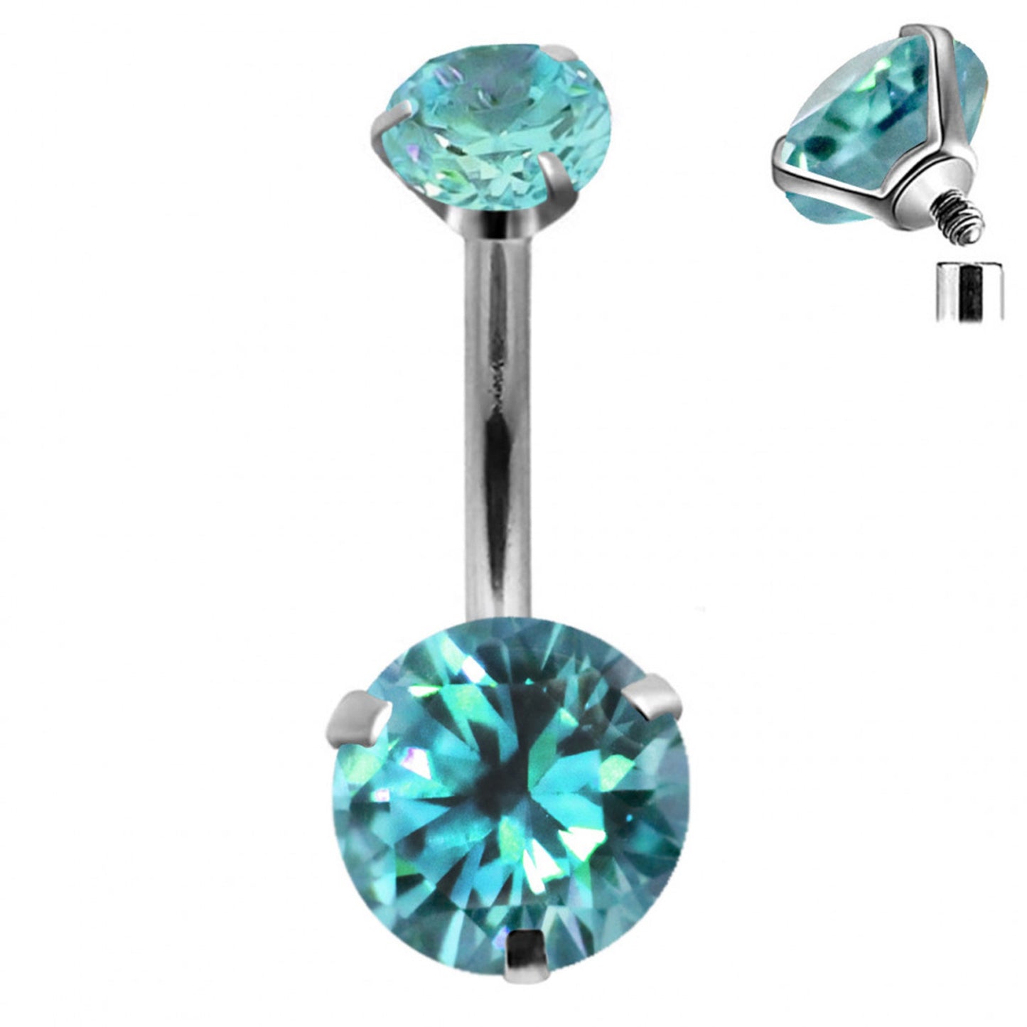 Belly Bar, Belly Button Rings - Internally Threaded top Gem Belly Button Piercing - 14g (1.6mm) 10mm - Prong Set AAA+ CZ Crystals