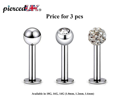 Labret Stud, Labret Piercing – 3pcs Flatback Lip Piercing Jewelry – Ball / Gem ball / Disco ball – Labret Piercing for Lip, Chin and More