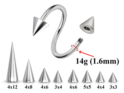 Spike  Cone Titanium Spiral Barbell, Eyebrow Piercing, Nipple Piercing – Conch Earrings Body Jewellery – Twisted Barbell
