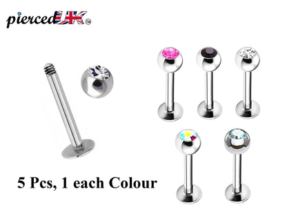 Labret nose stud, Lip Piercing - Gem Ball of Thickness 18G 16G 14G in Various Sizes 6,8,10,12,14mm - 5pcs, You get 1 each colour