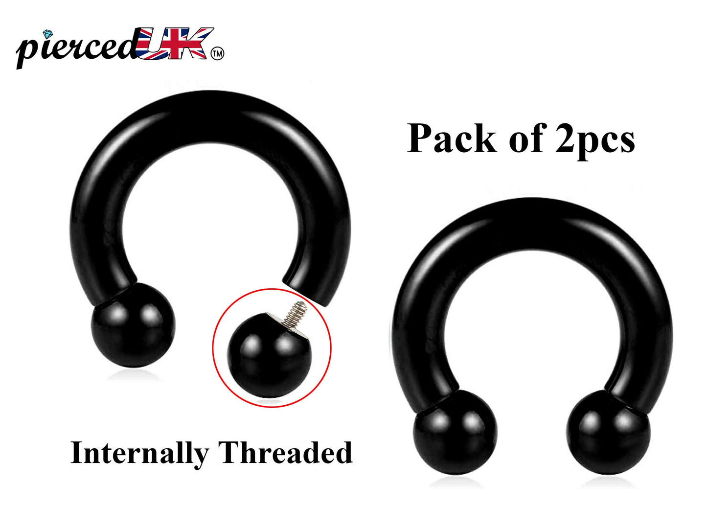 Black Horseshoe Septum Ring, Nose Ring - 2pcs Big Size Horseshoe piercing (CBB) - 10g to 00g size 12mm to 19mm - Internally Threading
