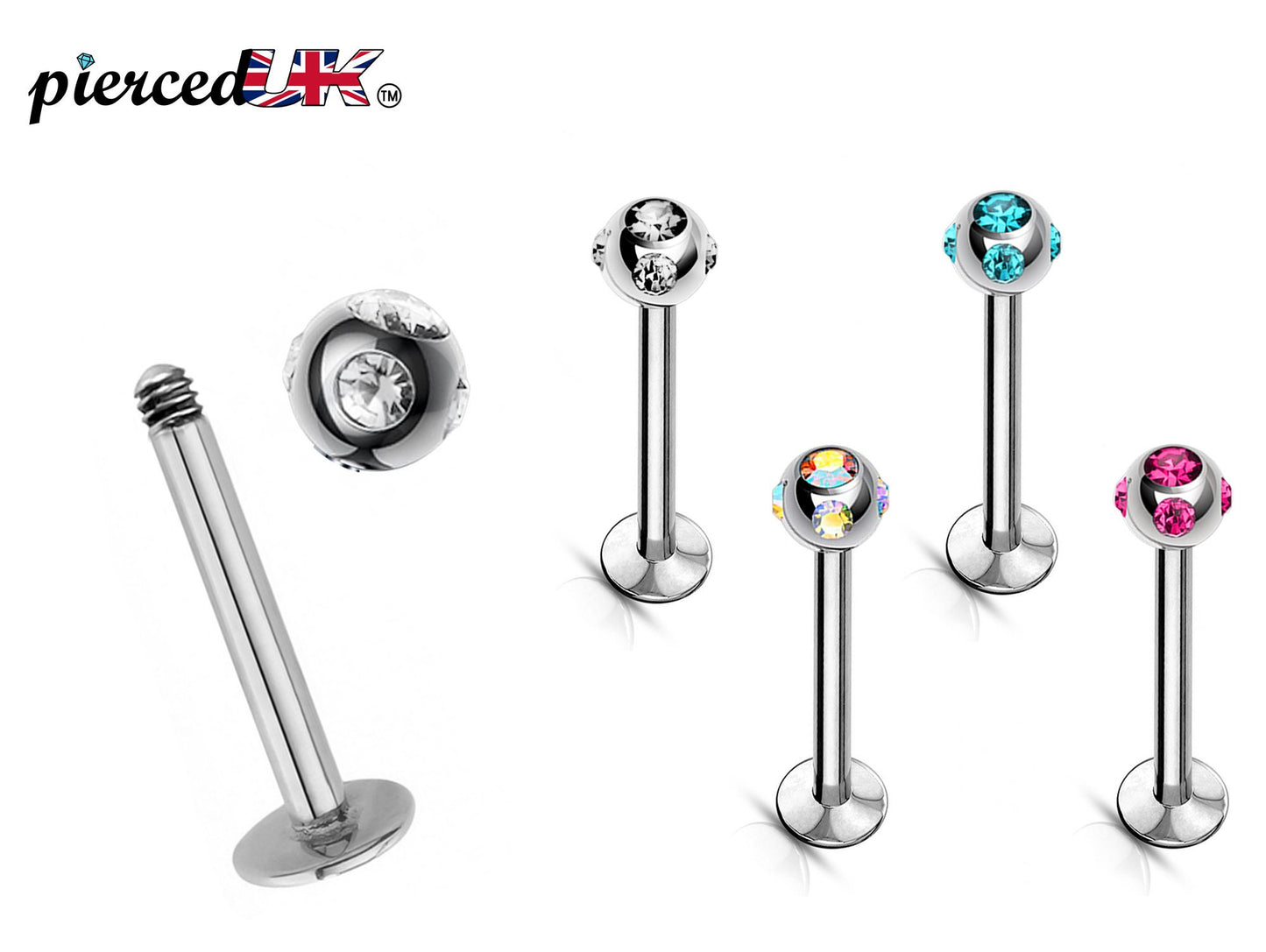 Labret Lip Stud, Labret Earring Piercing with Multi Stone Crystal Ball – 16g Labret Bar for Lip, Chin, Tragus, Helix and More