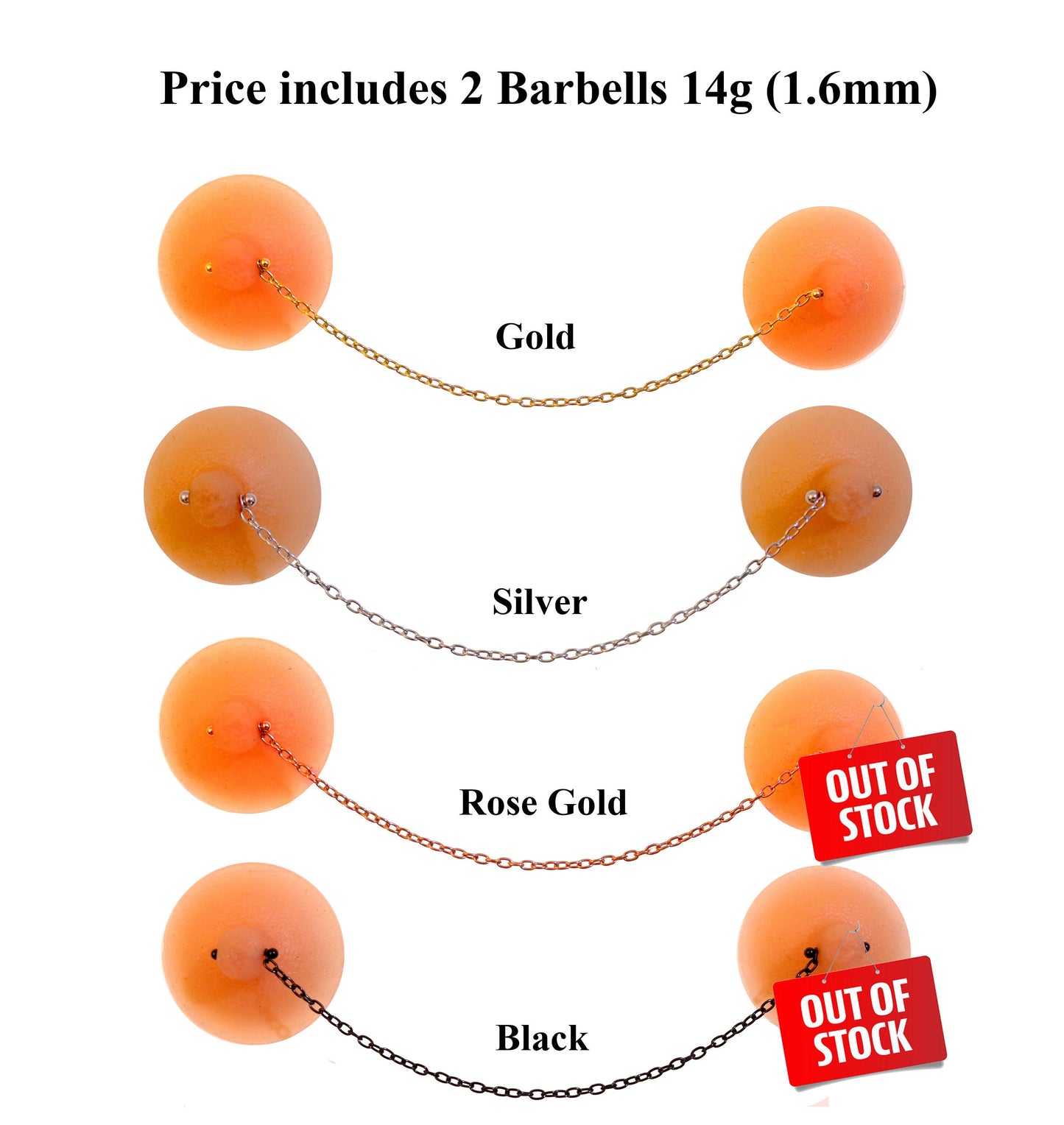 Nipple Jewelry, Nipple Piercing - 14g Nipple Barbell with Chain size 19CM to 30CM - Body Jewelry Breast Chain with 2 Barbells