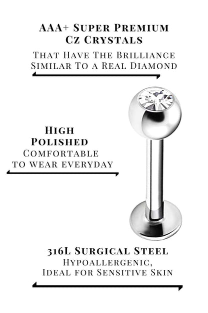 Labret nose stud, Lip Piercing - Gem Ball of Thickness 18G 16G 14G in Various Sizes 6,8,10,12,14mm - 5pcs, You get 1 each colour