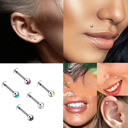 Labret nose stud, Lip Piercing - Gem Ball of Thickness 18G 16G 14G in Various Sizes 6,8,10,12,14mm - 5pcs, You get 1 each colour