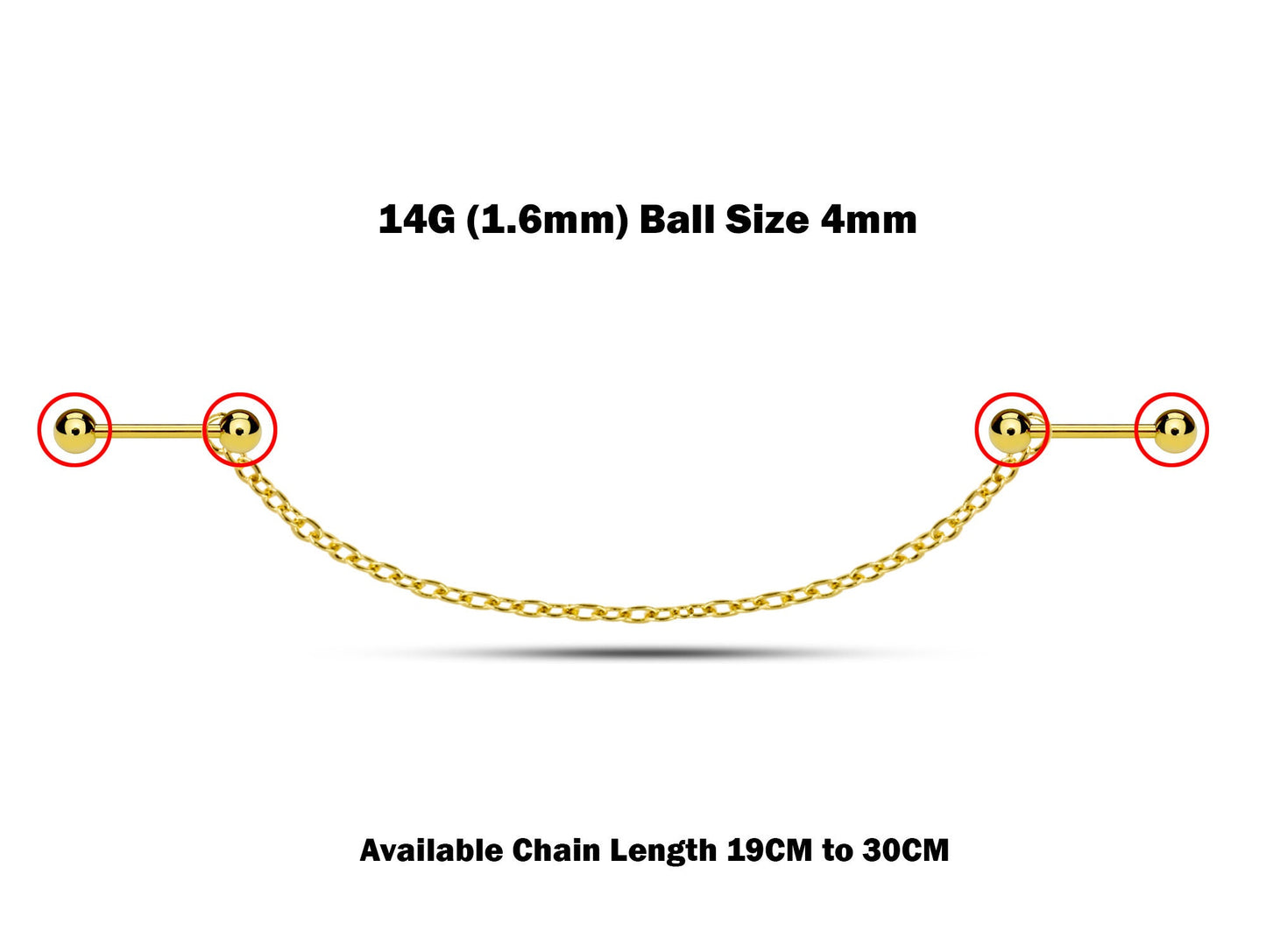 Nipple Jewelry, Nipple Piercing - 14g Nipple Barbell with Chain size 19CM to 30CM - Body Jewelry Breast Chain with 2 Barbells