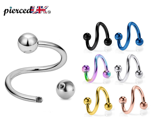 Spiral Barbell, Eyebrow Piercing – Conch Earrings 16g, 14g Body Jewellery for for Eyebrow, Ears, Lip Rings. Available in Many Colours