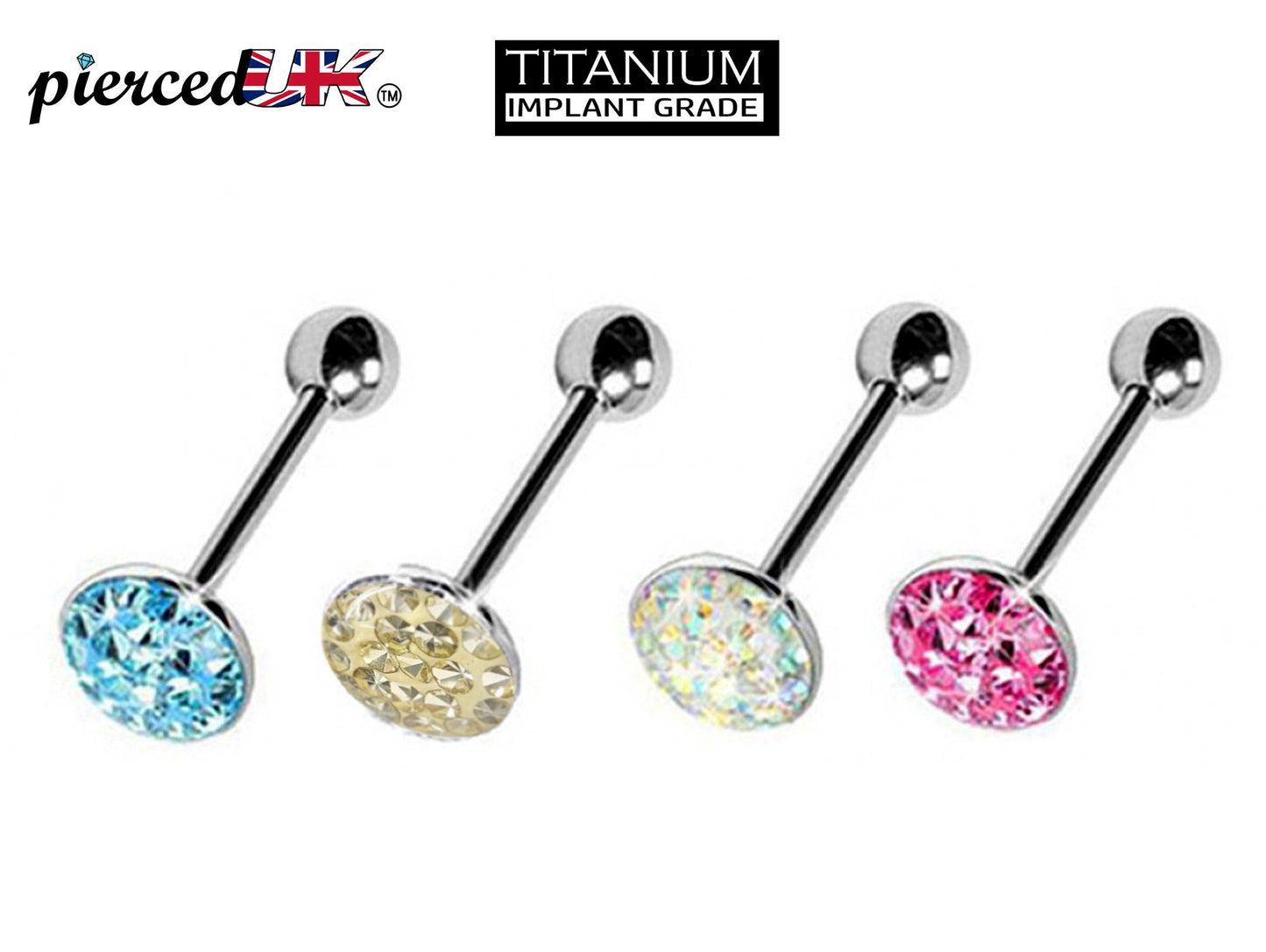 Titanium Tongue Bar, Barbell Piercing - 14g (1.6mm) Tongue Barbell with Flat top Coated CZ Crystals