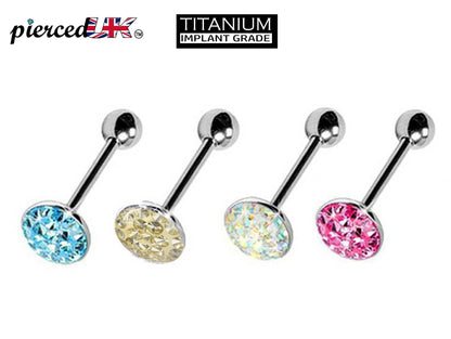 Titanium Tongue Bar, Barbell Piercing - 14g (1.6mm) Tongue Barbell with Flat top Coated CZ Crystals