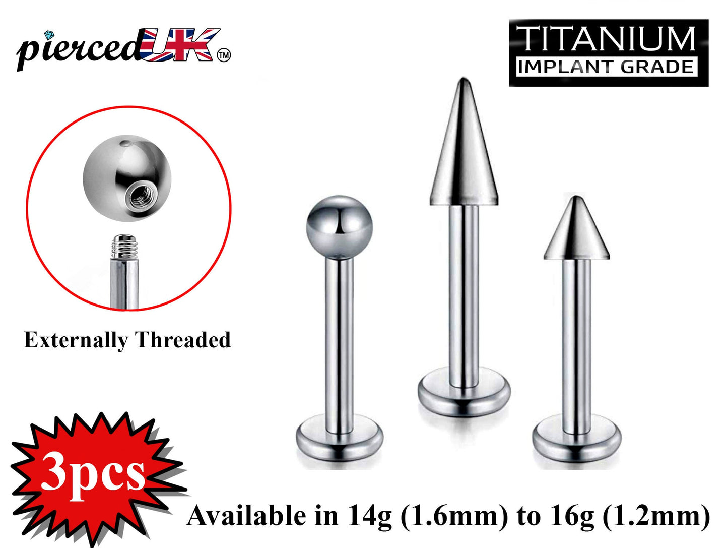 Titanium Labret Stud, Lip Piercing – Spike / Ball  / Cone Value Pack of 3pcs Flatback Labret Earring – Labret Jewelry for Lip, Chin and More