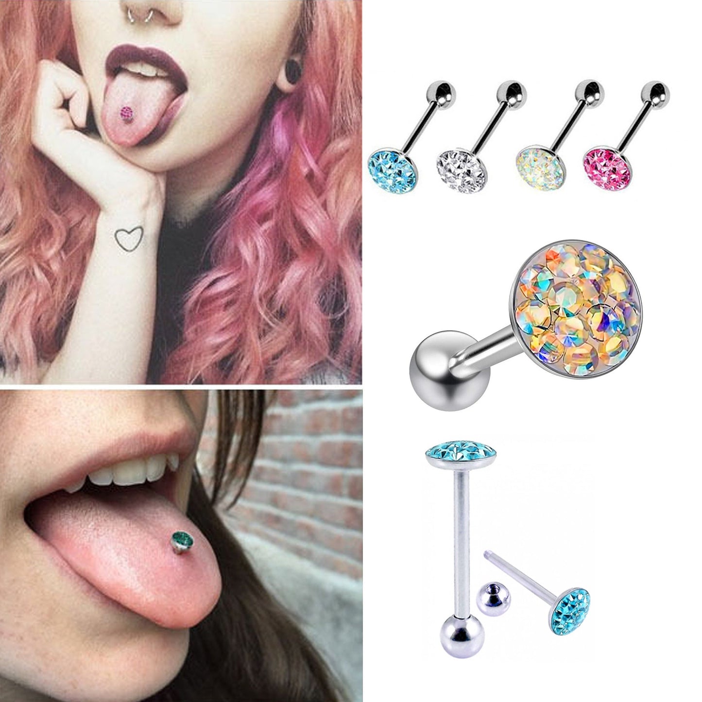 Titanium Tongue Bar, Barbell Piercing - 14g (1.6mm) Tongue Barbell with Flat top Coated CZ Crystals