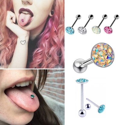 Titanium Tongue Bar, Barbell Piercing - 14g (1.6mm) Tongue Barbell with Flat top Coated CZ Crystals