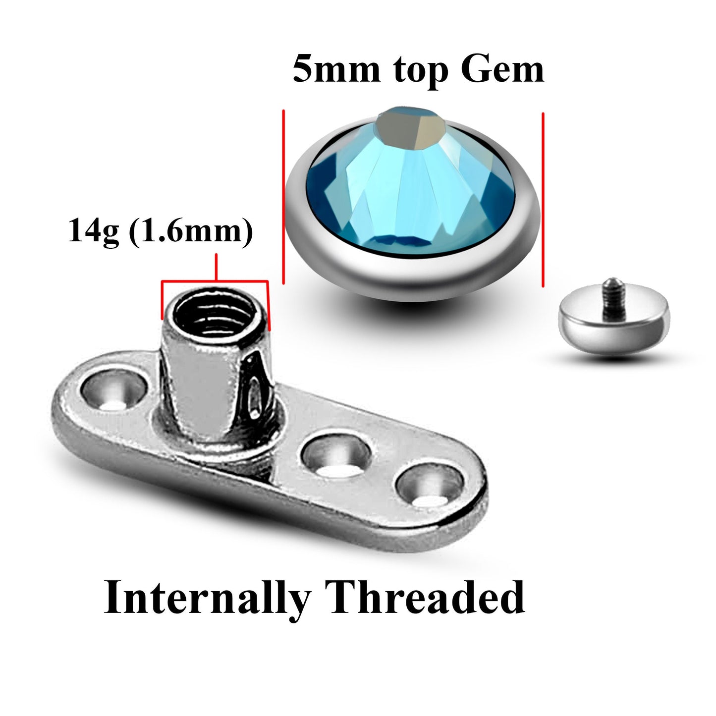 Dermal Piercing, Titanium Dermal Anchor – Micro Dermal Implant Piercing for Skin – 14g (1.6mm) and 5mm top Pyramid Gem – Piercing Kit