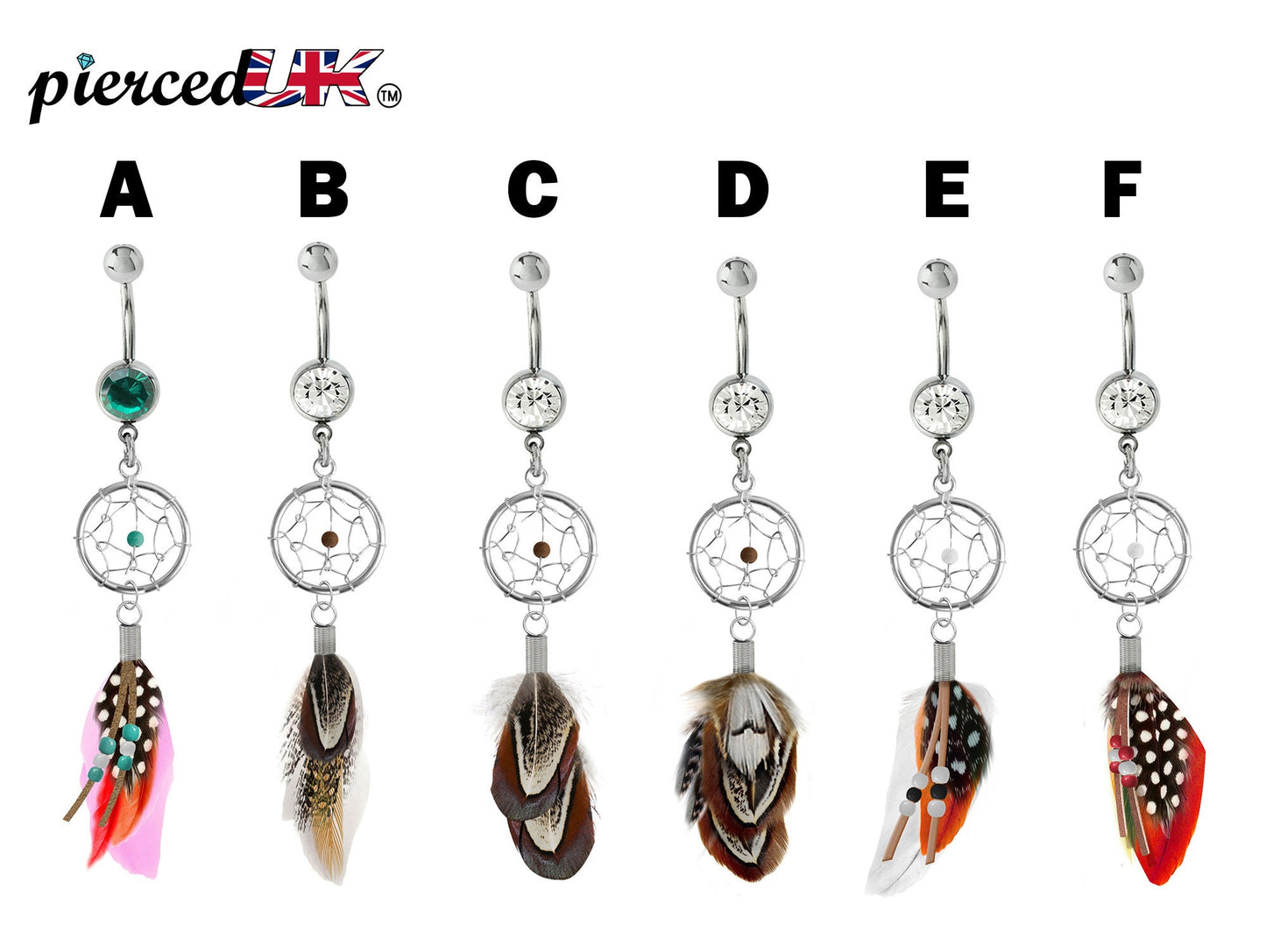 Belly Button Rings, Navel Ring - Silver Dreamcatcher Jewellery Dangle Belly Bar with Genuine Bird Feathers- 14g (1.6mm)