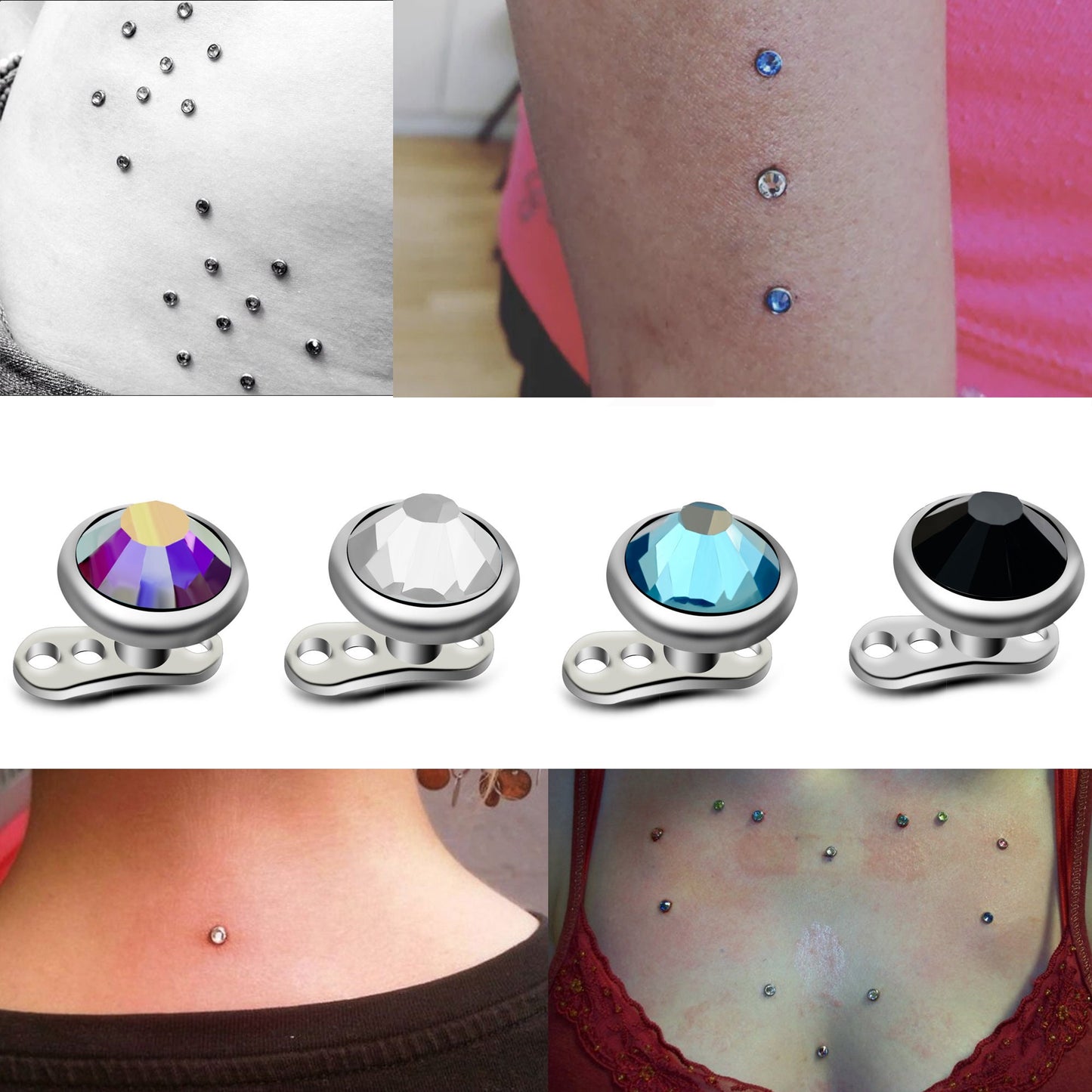 Dermal Piercing, Titanium Dermal Anchor – Micro Dermal Implant Piercing for Skin – 14g (1.6mm) and 5mm top Pyramid Gem – Piercing Kit