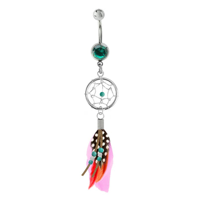 Belly Button Rings, Navel Ring - Silver Dreamcatcher Jewellery Dangle Belly Bar with Genuine Bird Feathers- 14g (1.6mm)