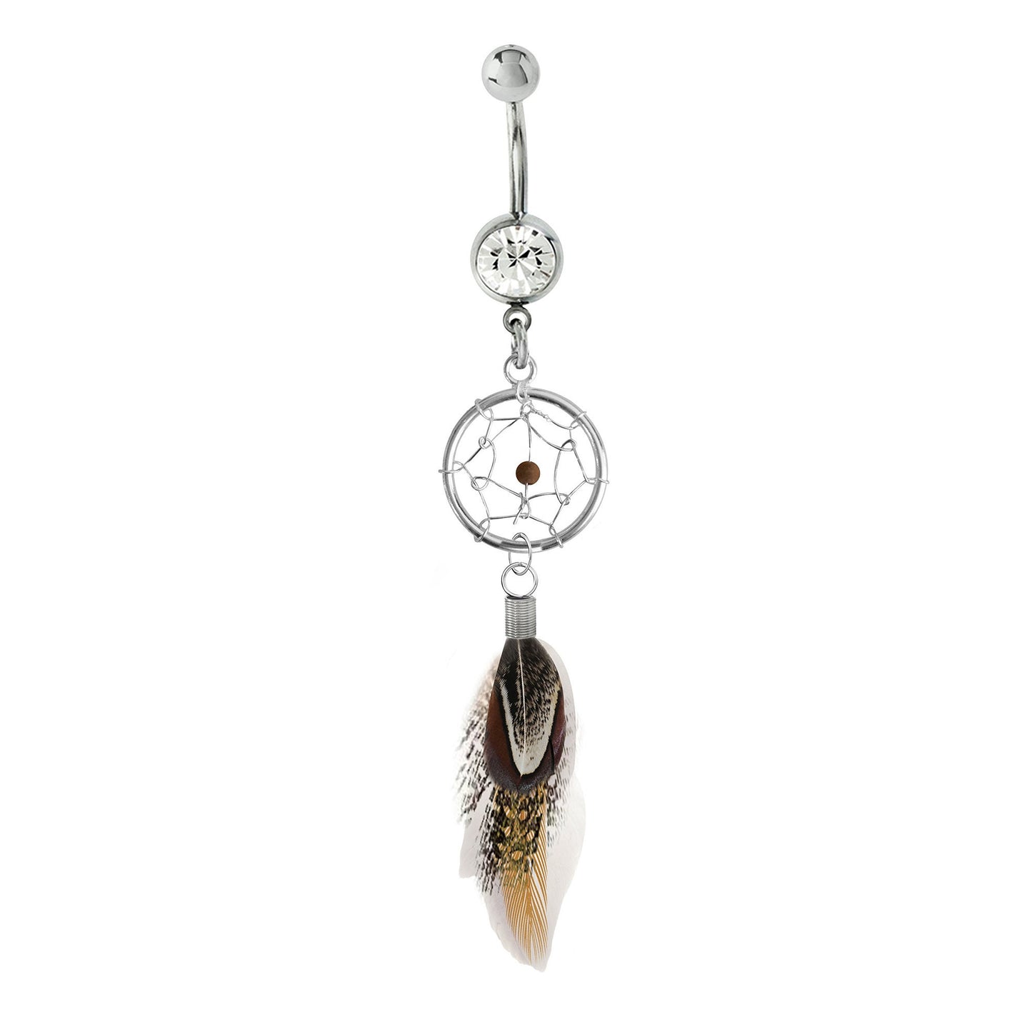 Belly Button Rings, Navel Ring - Silver Dreamcatcher Jewellery Dangle Belly Bar with Genuine Bird Feathers- 14g (1.6mm)