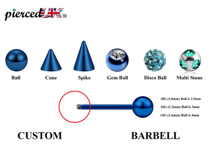 Teal Blue Barbell Stud, Industrial Piercing – Custom Barbell Piercing 18g, 16g, 14g Body Jewellery for Nipple, Eyebrow, Tongue Bar and More