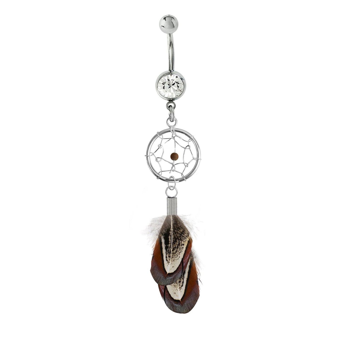 Belly Button Rings, Navel Ring - Silver Dreamcatcher Jewellery Dangle Belly Bar with Genuine Bird Feathers- 14g (1.6mm)