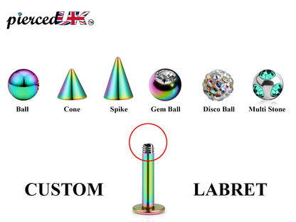 Rainbow Labret Stud, Labret Piercing – Custom Lip Labret 18g 16g 14g Labret Piercing for Lip, Chin and More – Choose Top Ball in the Options
