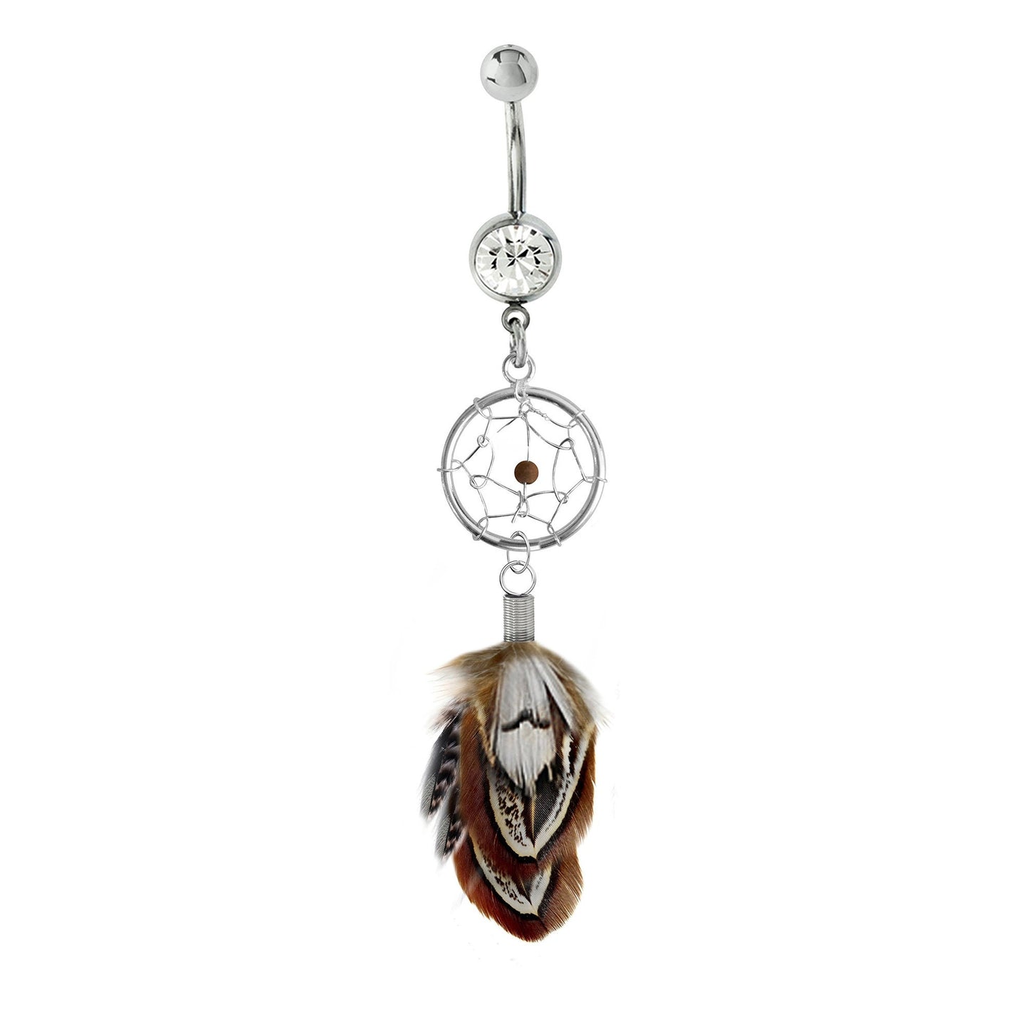 Belly Button Rings, Navel Ring - Silver Dreamcatcher Jewellery Dangle Belly Bar with Genuine Bird Feathers- 14g (1.6mm)