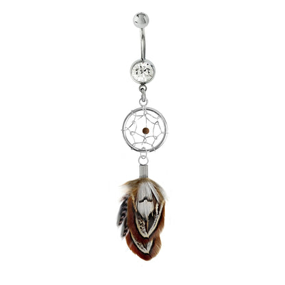 Belly Button Rings, Navel Ring - Silver Dreamcatcher Jewellery Dangle Belly Bar with Genuine Bird Feathers- 14g (1.6mm)