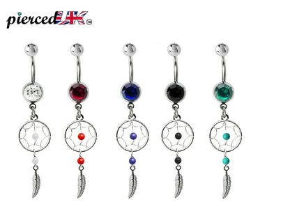 Belly Button Piercing, Navel Ring - Silver Dreamcatcher Jewellery Dangle Belly Bar with Crystal and  Genuine Stone Beads- 14g (1.6mm)