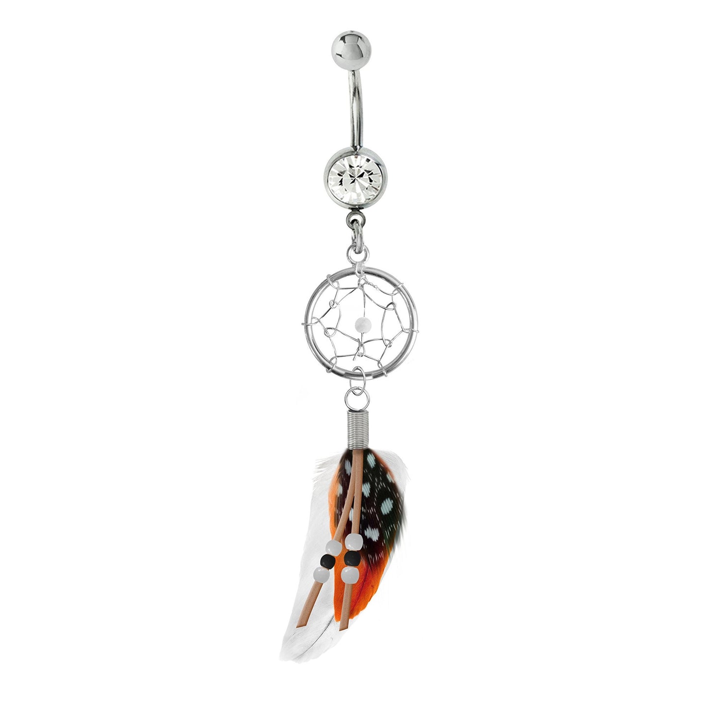 Belly Button Rings, Navel Ring - Silver Dreamcatcher Jewellery Dangle Belly Bar with Genuine Bird Feathers- 14g (1.6mm)