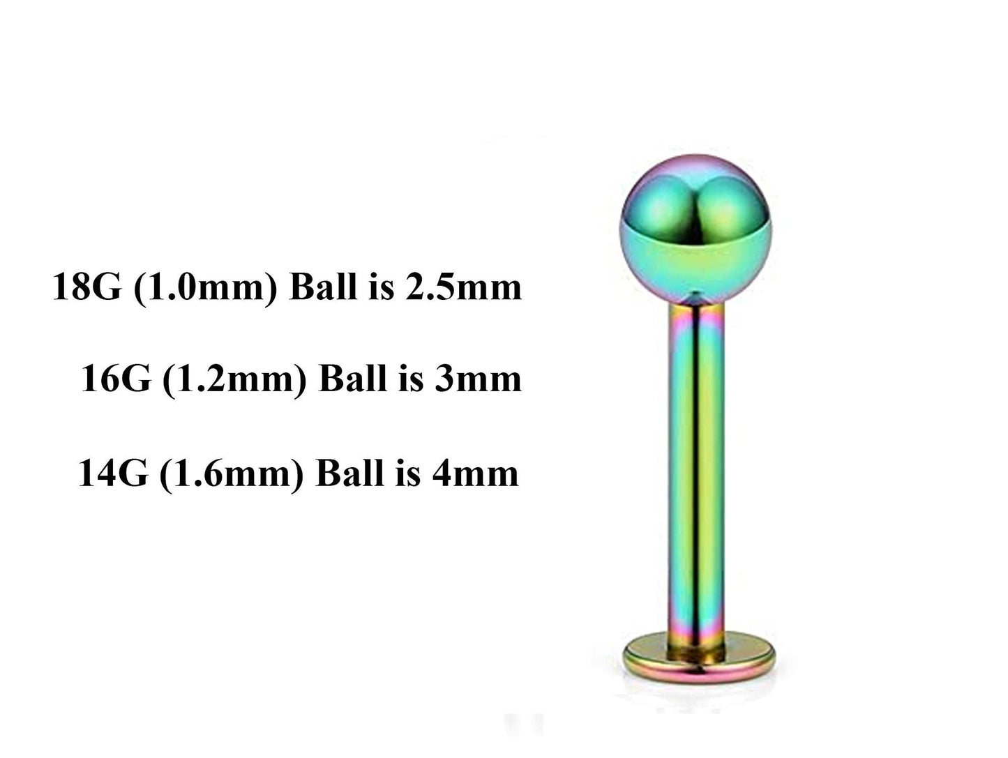 Rainbow Labret Stud, Labret Piercing – Custom Lip Labret 18g 16g 14g Labret Piercing for Lip, Chin and More – Choose Top Ball in the Options