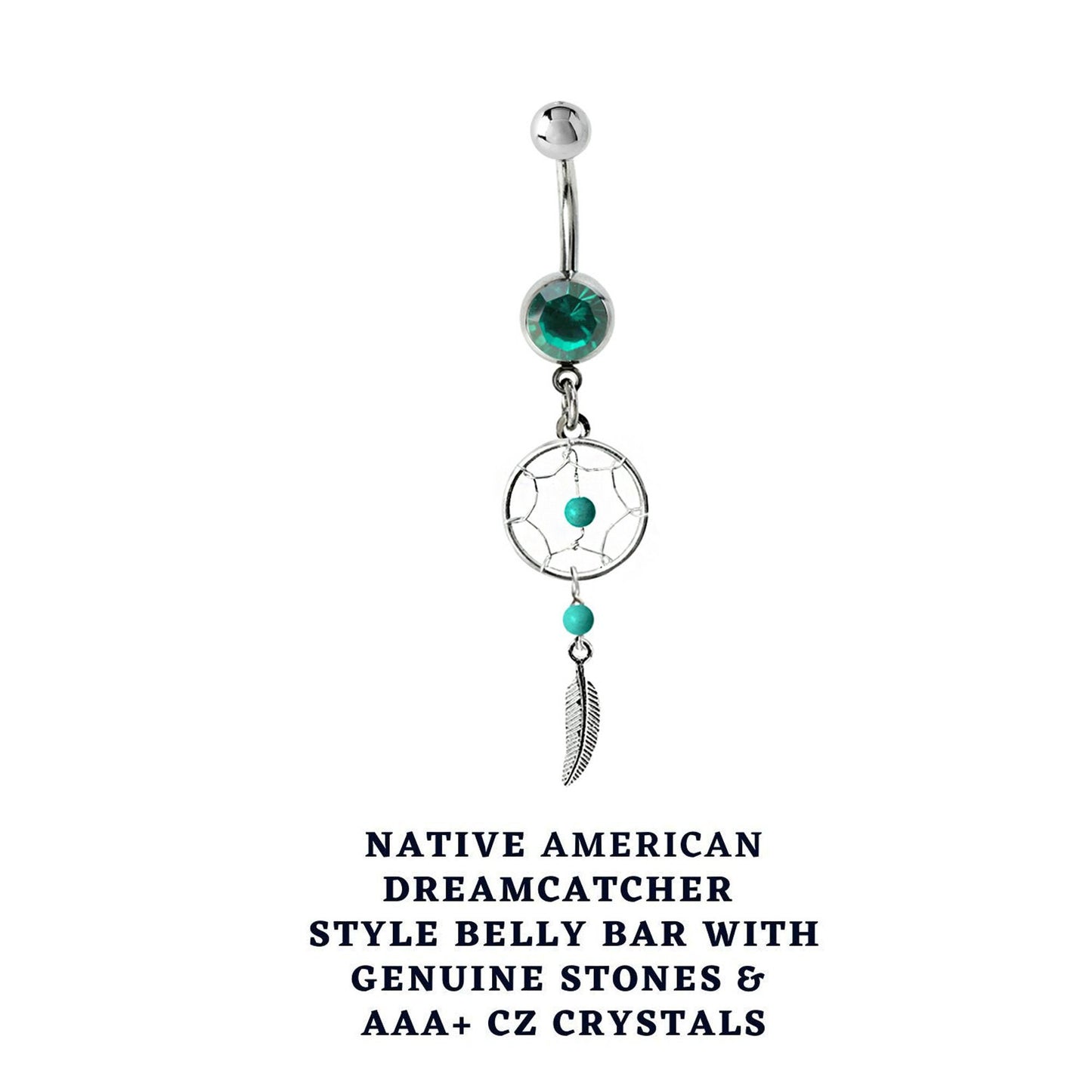 Belly Button Piercing, Navel Ring - Silver Dreamcatcher Jewellery Dangle Belly Bar with Crystal and  Genuine Stone Beads- 14g (1.6mm)
