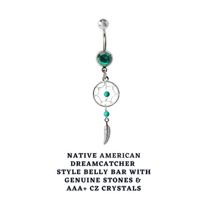 Belly Button Piercing, Navel Ring - Silver Dreamcatcher Jewellery Dangle Belly Bar with Crystal and  Genuine Stone Beads- 14g (1.6mm)