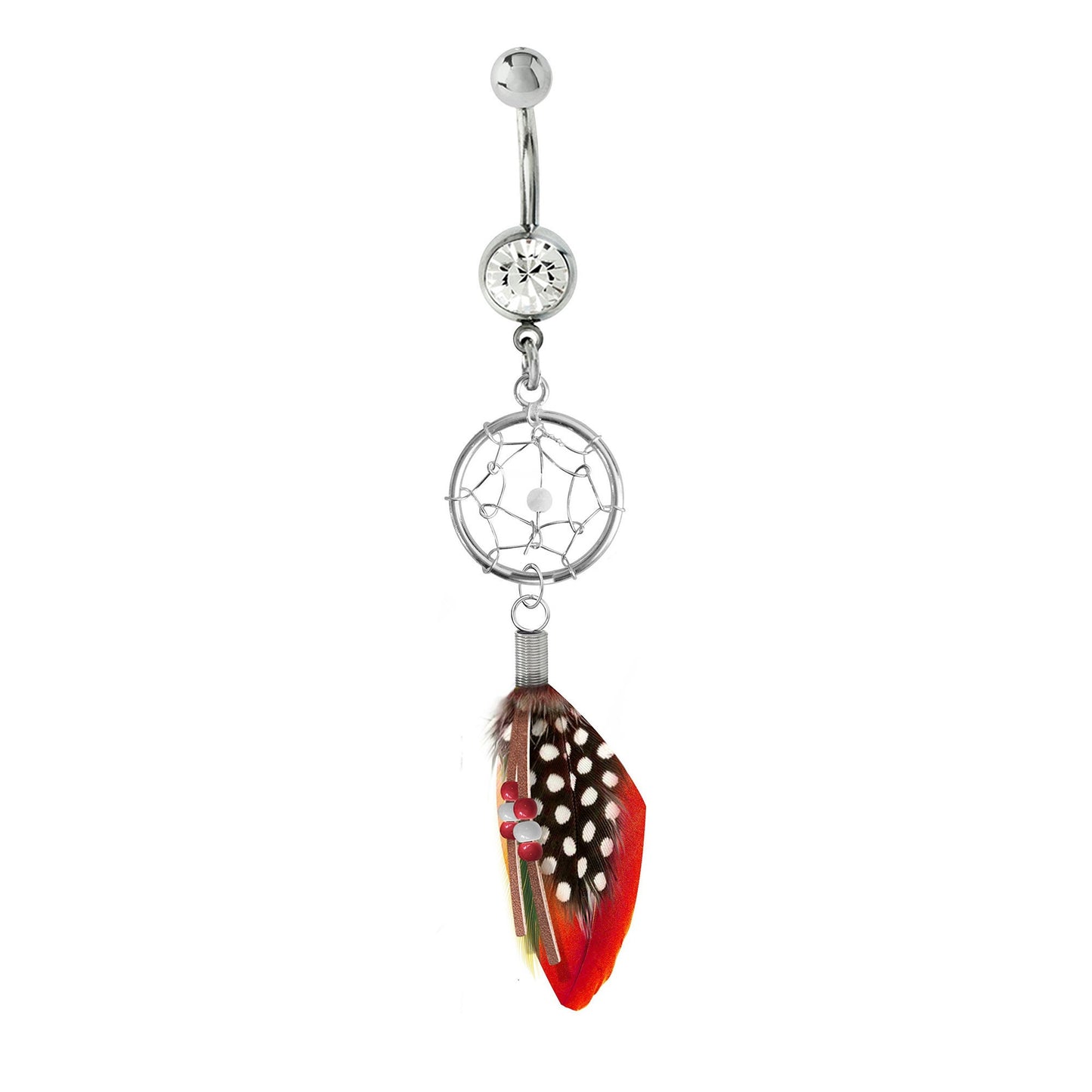 Belly Button Rings, Navel Ring - Silver Dreamcatcher Jewellery Dangle Belly Bar with Genuine Bird Feathers- 14g (1.6mm)