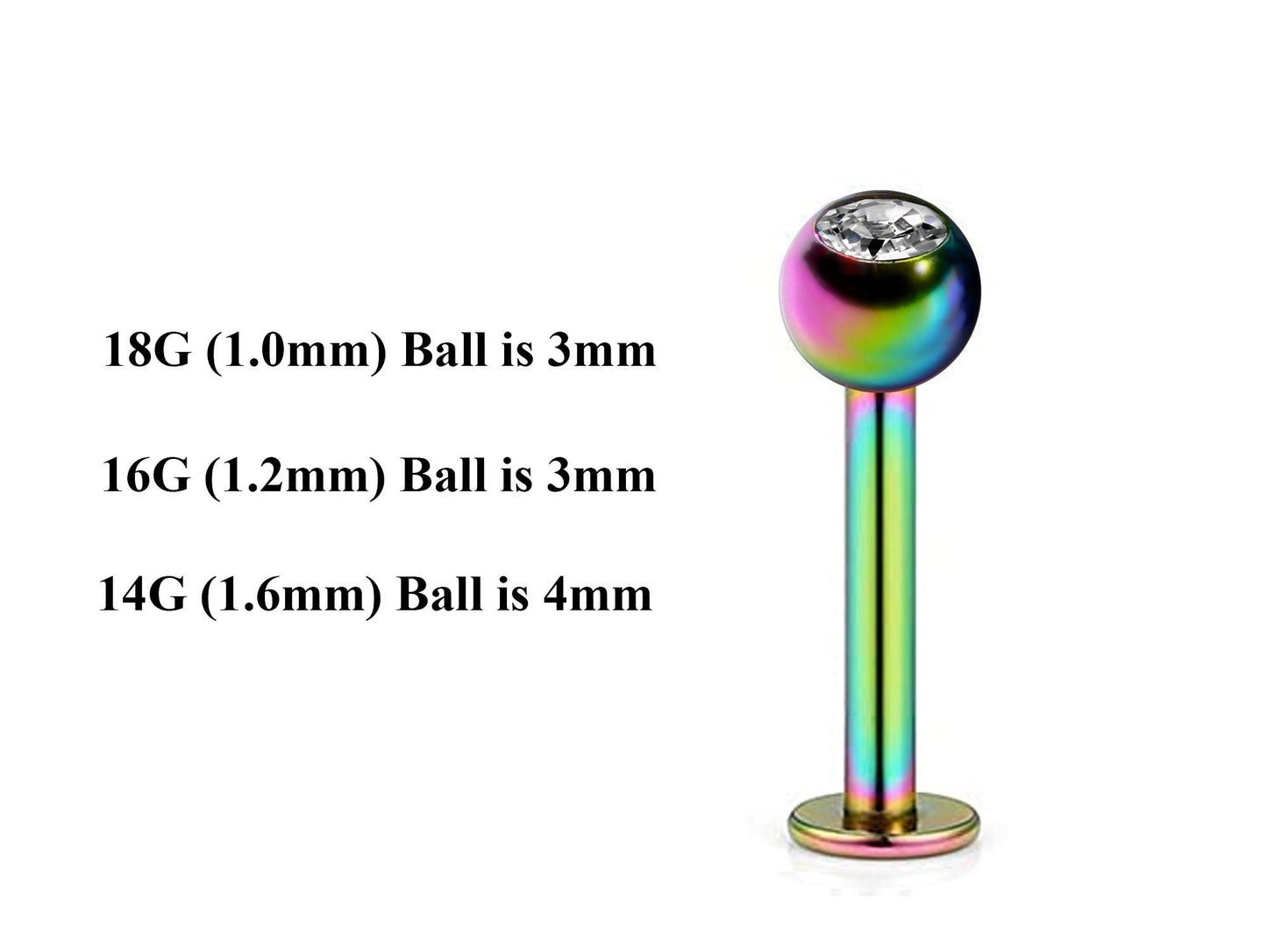 Rainbow Labret Stud, Labret Piercing – Custom Lip Labret 18g 16g 14g Labret Piercing for Lip, Chin and More – Choose Top Ball in the Options