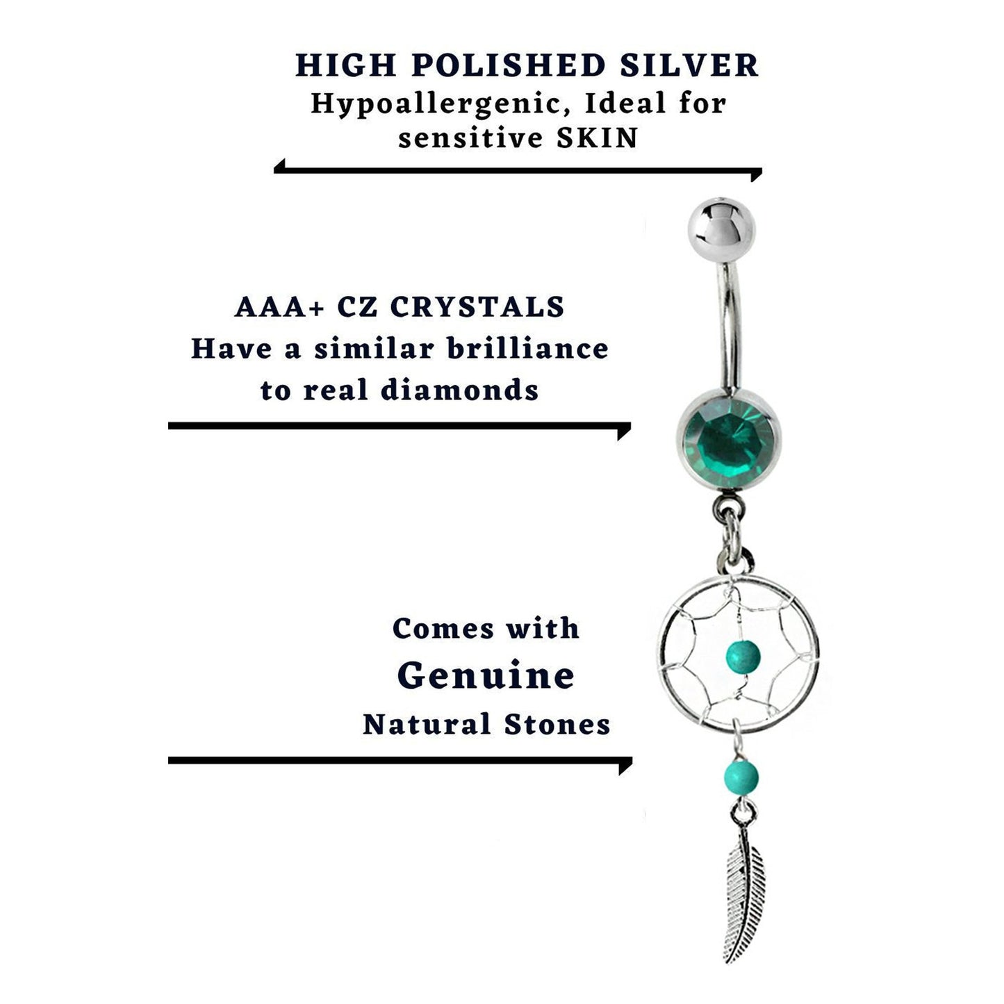 Belly Button Piercing, Navel Ring - Silver Dreamcatcher Jewellery Dangle Belly Bar with Crystal and  Genuine Stone Beads- 14g (1.6mm)