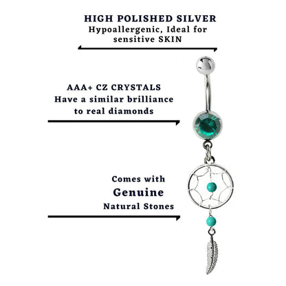 Belly Button Piercing, Navel Ring - Silver Dreamcatcher Jewellery Dangle Belly Bar with Crystal and  Genuine Stone Beads- 14g (1.6mm)