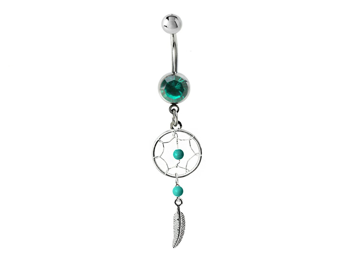 Belly Button Piercing, Navel Ring - Silver Dreamcatcher Jewellery Dangle Belly Bar with Crystal and  Genuine Stone Beads- 14g (1.6mm)