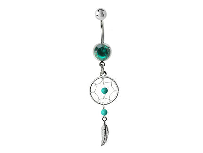 Belly Button Piercing, Navel Ring - Silver Dreamcatcher Jewellery Dangle Belly Bar with Crystal and  Genuine Stone Beads- 14g (1.6mm)
