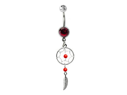 Belly Button Piercing, Navel Ring - Silver Dreamcatcher Jewellery Dangle Belly Bar with Crystal and  Genuine Stone Beads- 14g (1.6mm)