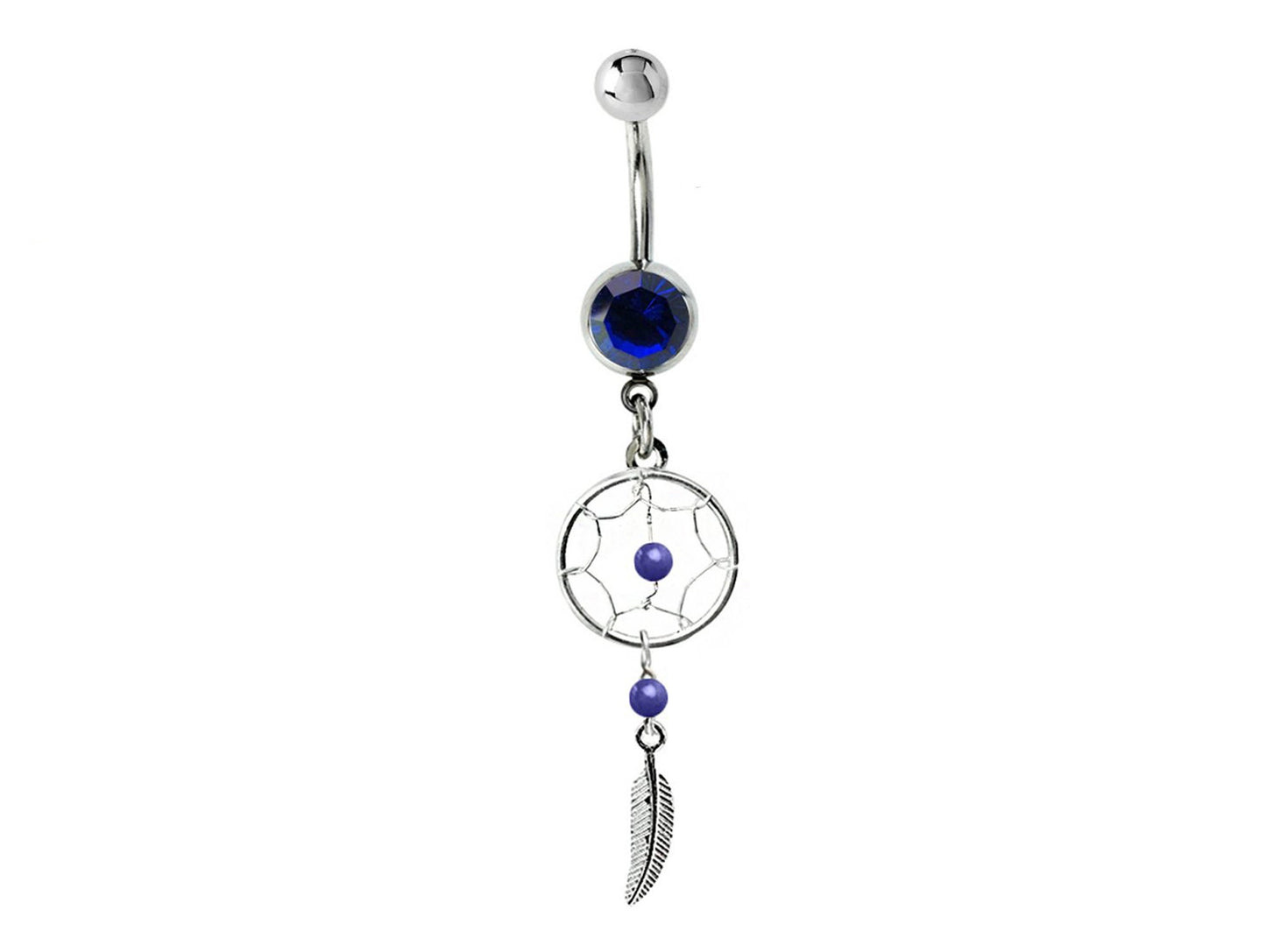 Belly Button Piercing, Navel Ring - Silver Dreamcatcher Jewellery Dangle Belly Bar with Crystal and  Genuine Stone Beads- 14g (1.6mm)