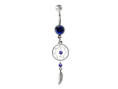 Belly Button Piercing, Navel Ring - Silver Dreamcatcher Jewellery Dangle Belly Bar with Crystal and  Genuine Stone Beads- 14g (1.6mm)