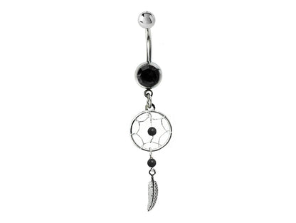 Belly Button Piercing, Navel Ring - Silver Dreamcatcher Jewellery Dangle Belly Bar with Crystal and  Genuine Stone Beads- 14g (1.6mm)