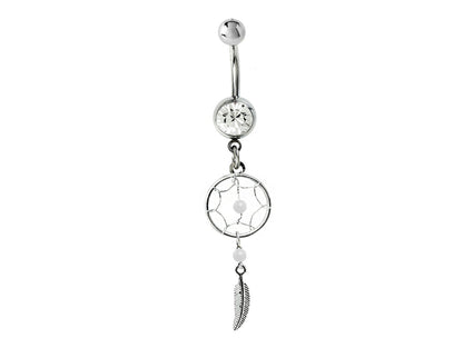 Belly Button Piercing, Navel Ring - Silver Dreamcatcher Jewellery Dangle Belly Bar with Crystal and  Genuine Stone Beads- 14g (1.6mm)