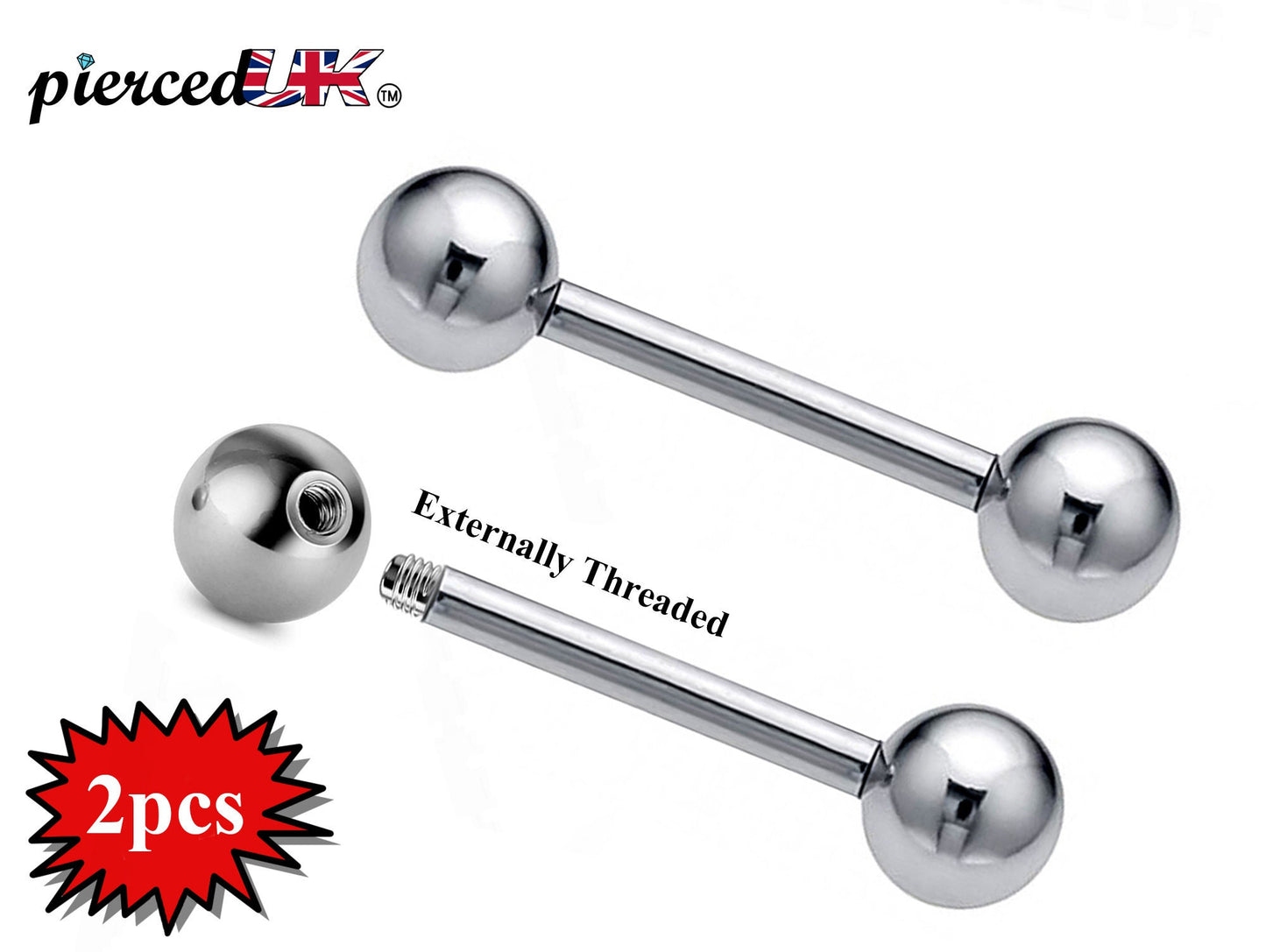Barbell Piercing - Industrial - Barbell Stud – 18g, 16g, 14g – 2pcs Piercing for Tongue, Nipple Piercing, Ear, Tragus, Helix –  6mm to 44mm