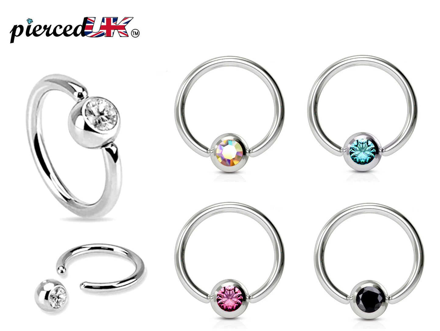 Captive Bead Ring, Captive Ball Earrings – Ball Closure Ball with Dimple Gem Ball - Piercing for Septum, Eyebrow, Nipple, Lip and More