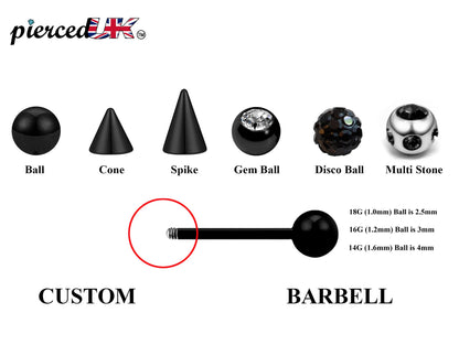 Black Barbell Stud, Industrial Piercing – Custom Barbell Piercing 18g, 16g, 14g Body Jewellery for Nipple, Eyebrow, Tongue Bar and More